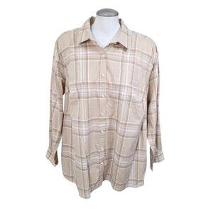 Lands End Womens 1X Plaid Button Up Top Shirt Blouse 1X Office Career Beige Tan